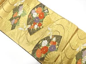 流水に扇・花鳥模様織り出し　袋帯